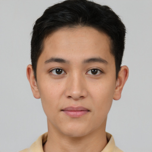 Neutral asian young-adult male with short  black hair and brown eyes