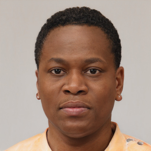 Neutral black young-adult female with short  black hair and brown eyes