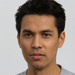 Neutral asian young-adult male with short  black hair and brown eyes