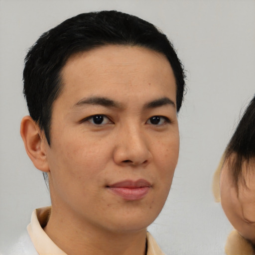 Neutral asian young-adult male with short  brown hair and brown eyes