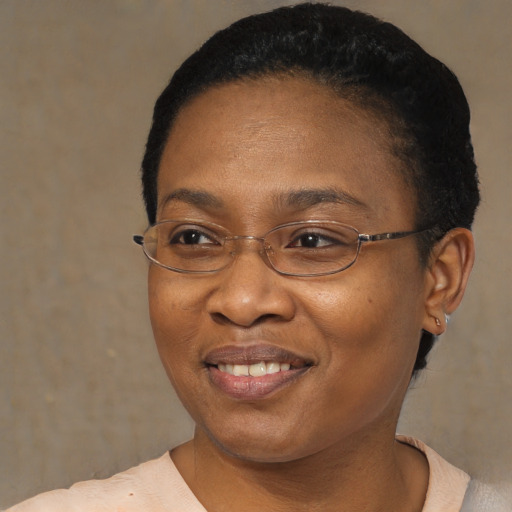 Joyful black adult female with short  brown hair and brown eyes