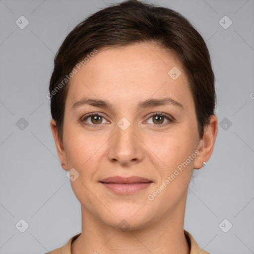 Joyful white young-adult female with short  brown hair and brown eyes