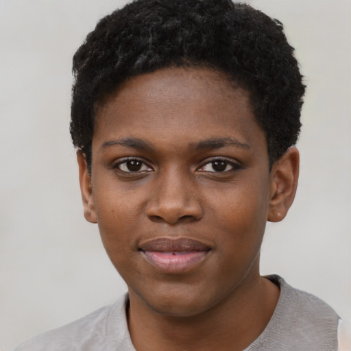 Neutral black young-adult female with short  black hair and brown eyes