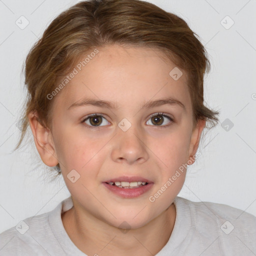 Joyful white child female with medium  brown hair and brown eyes