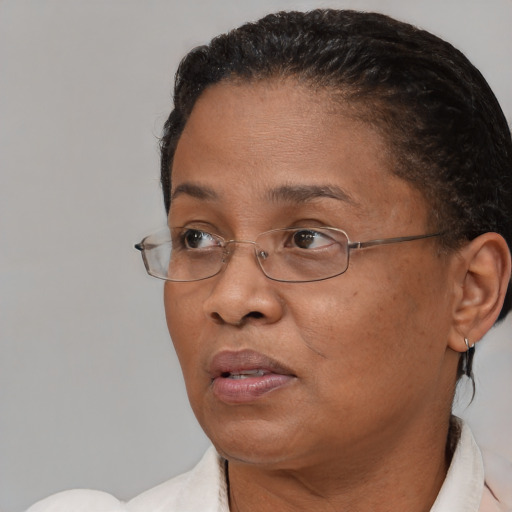 Joyful black adult female with short  brown hair and brown eyes