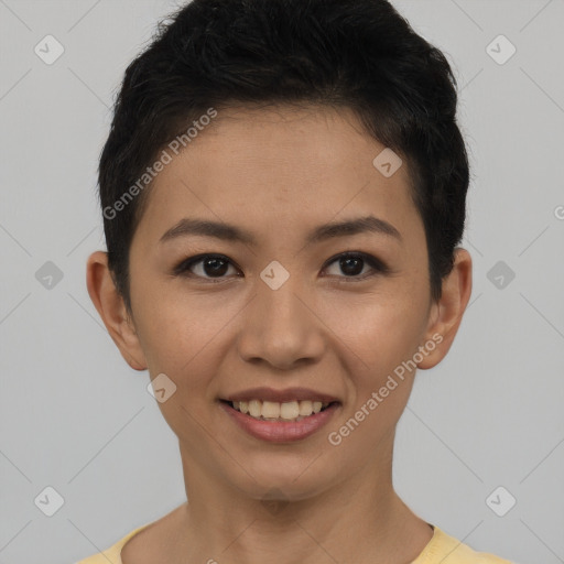 Joyful latino young-adult female with short  black hair and brown eyes