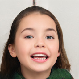 Joyful white child female with long  brown hair and brown eyes