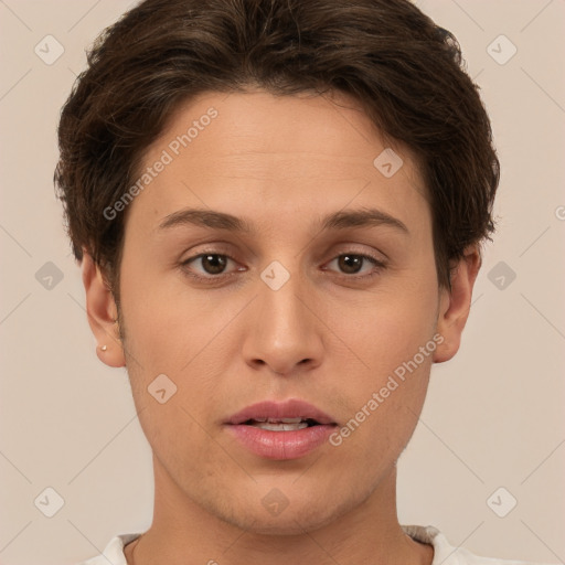 Joyful white young-adult female with short  brown hair and brown eyes