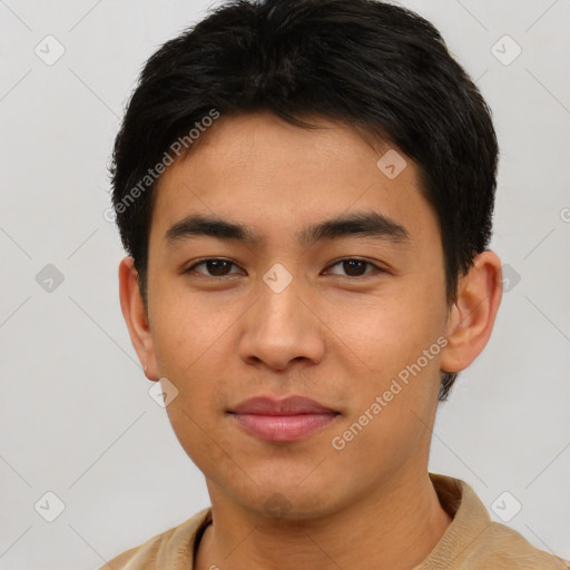 Neutral asian young-adult male with short  brown hair and brown eyes