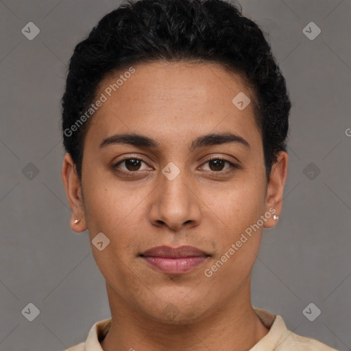 Joyful latino young-adult female with short  brown hair and brown eyes