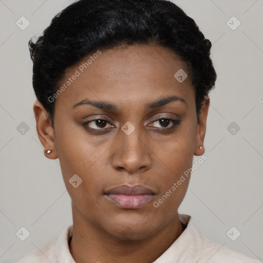 Neutral black young-adult female with short  black hair and brown eyes