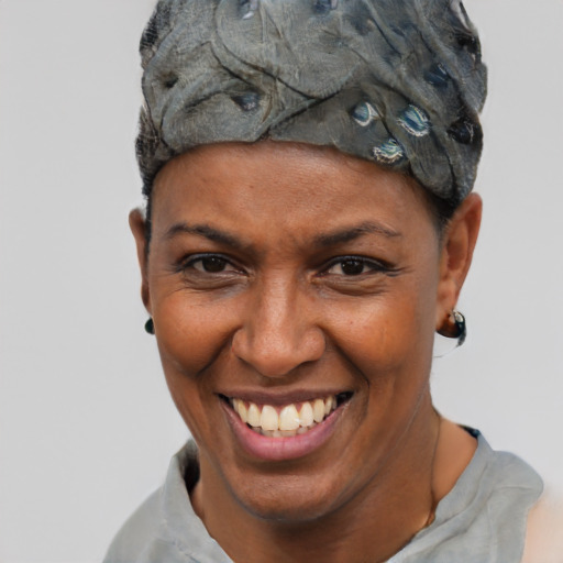 Joyful black adult female with short  brown hair and brown eyes