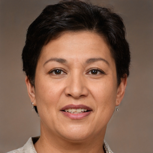 Joyful white adult female with short  brown hair and brown eyes