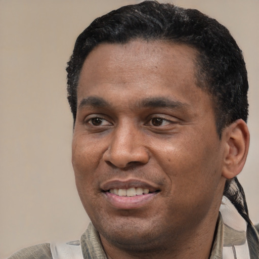 Joyful latino adult male with short  black hair and brown eyes