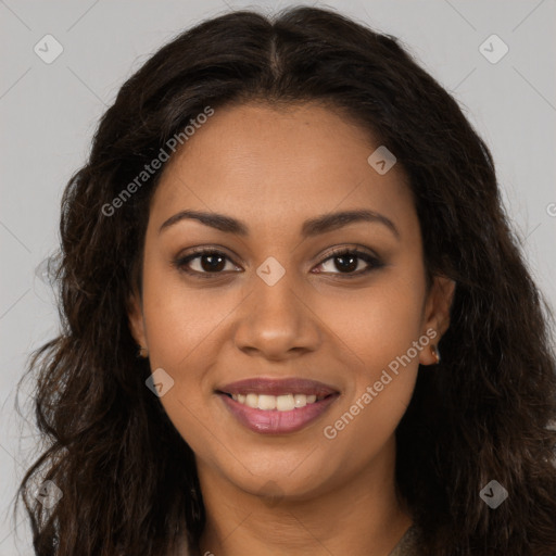 Joyful latino young-adult female with long  brown hair and brown eyes