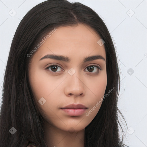 Neutral asian young-adult female with long  brown hair and brown eyes