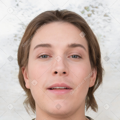 Neutral white young-adult female with medium  brown hair and grey eyes