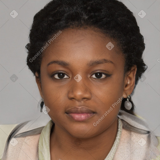 Neutral black young-adult female with short  black hair and brown eyes