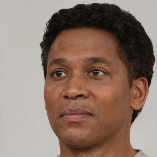 Joyful black young-adult male with short  brown hair and brown eyes