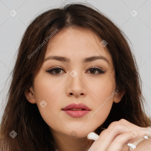 Neutral white young-adult female with long  brown hair and brown eyes