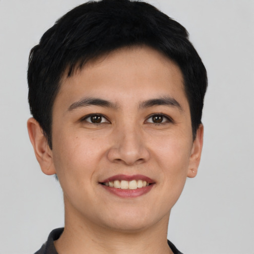 Joyful asian young-adult male with short  black hair and brown eyes