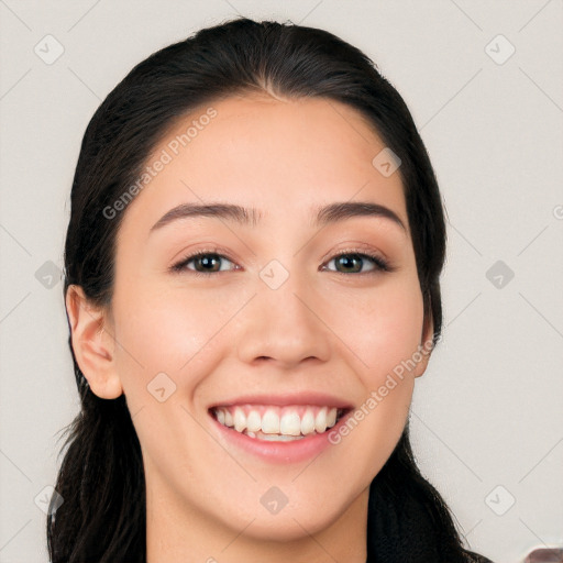 Joyful white young-adult female with long  brown hair and brown eyes