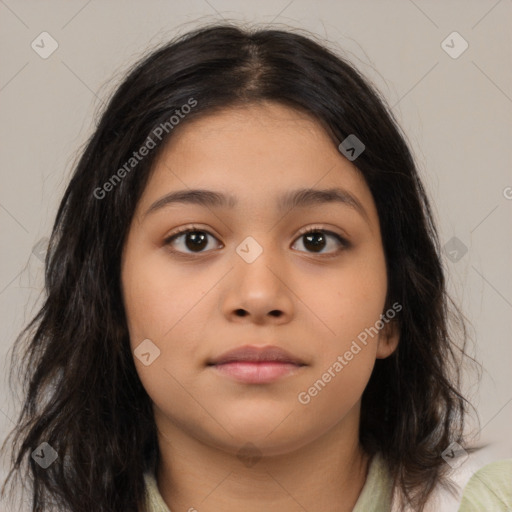 Neutral latino young-adult female with medium  brown hair and brown eyes