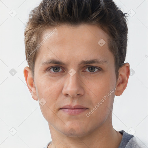 Neutral white young-adult male with short  brown hair and brown eyes