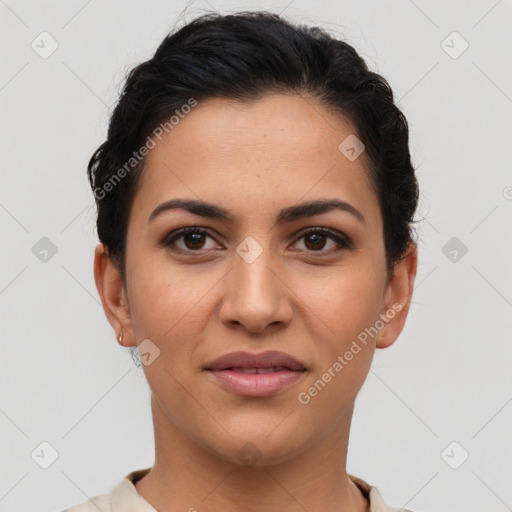 Joyful latino young-adult female with short  brown hair and brown eyes