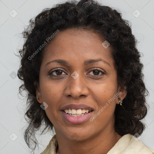 Joyful black young-adult female with medium  brown hair and brown eyes