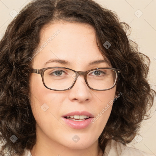 Joyful white young-adult female with medium  brown hair and green eyes