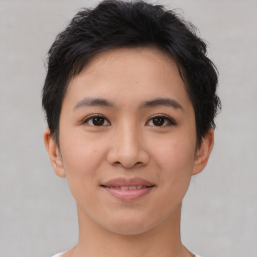 Joyful asian young-adult female with short  brown hair and brown eyes