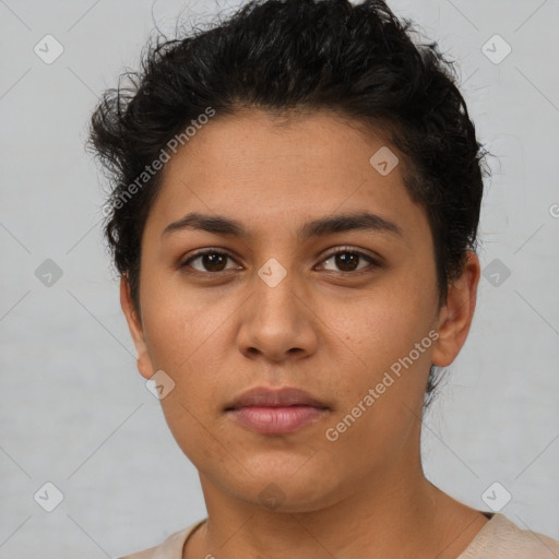 Neutral latino young-adult female with short  brown hair and brown eyes