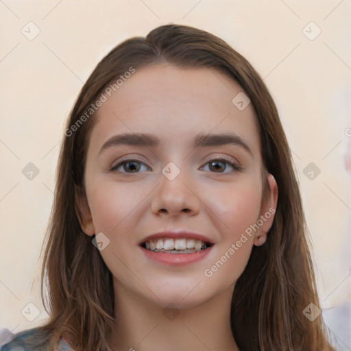 Joyful white young-adult female with long  brown hair and blue eyes