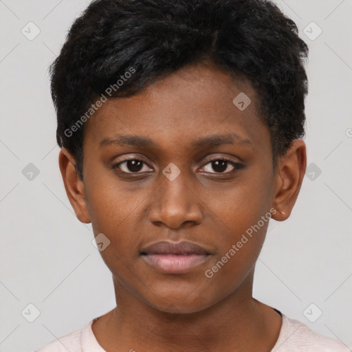 Neutral black young-adult female with short  brown hair and brown eyes