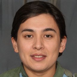 Joyful white young-adult male with medium  brown hair and brown eyes