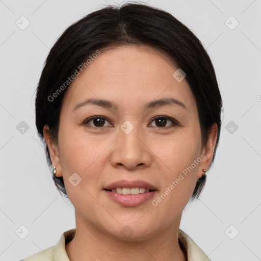 Joyful white young-adult female with medium  brown hair and brown eyes