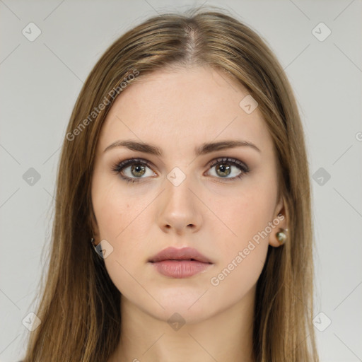 Neutral white young-adult female with long  brown hair and brown eyes