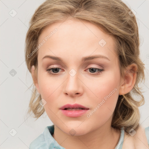 Neutral white young-adult female with medium  brown hair and grey eyes