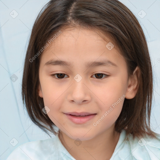 Joyful white child female with medium  brown hair and brown eyes