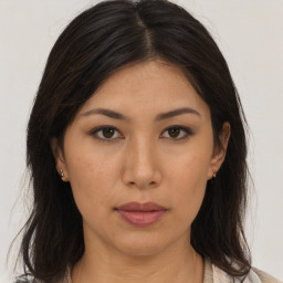 Neutral asian young-adult female with long  brown hair and brown eyes