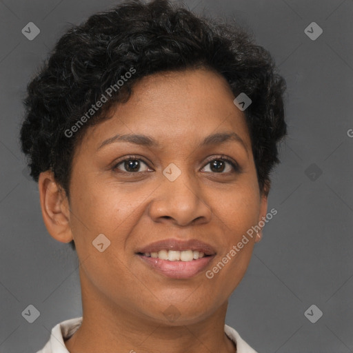 Joyful latino adult female with short  brown hair and brown eyes