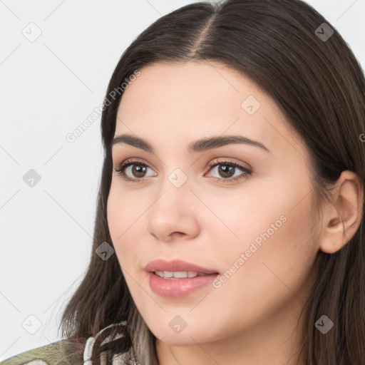 Neutral white young-adult female with long  brown hair and brown eyes