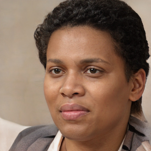 Neutral black young-adult female with short  black hair and brown eyes