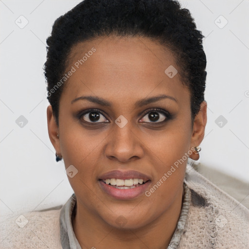 Joyful black young-adult female with short  brown hair and brown eyes