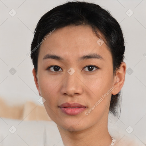 Neutral asian young-adult female with short  brown hair and brown eyes