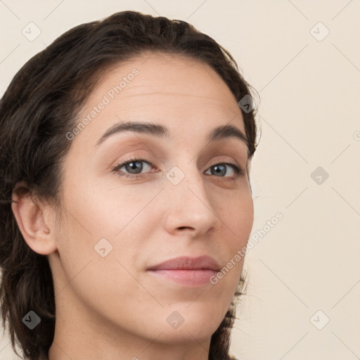 Neutral white young-adult female with long  brown hair and brown eyes