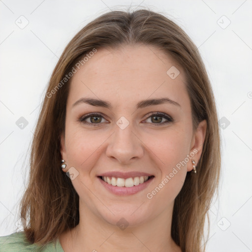 Joyful white young-adult female with long  brown hair and grey eyes