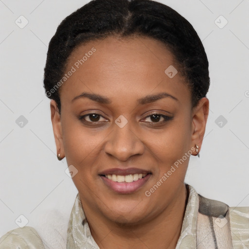 Joyful black young-adult female with short  black hair and brown eyes