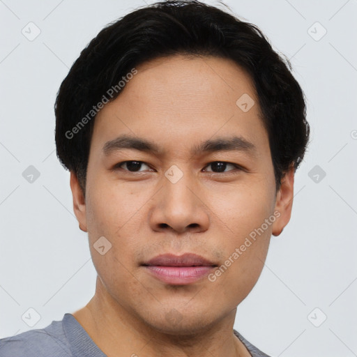 Neutral asian young-adult male with short  black hair and brown eyes